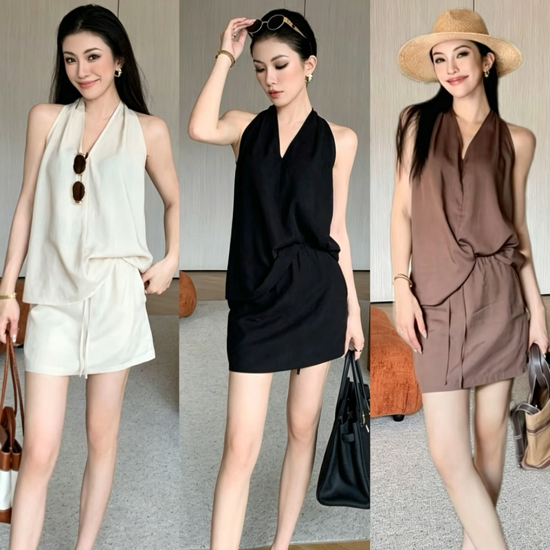 Very Beautiful Summer Suit for Women, French Style, High-End Feel, Halter Neck Sleeveless Vest Top and Skirt Two-Piece Set