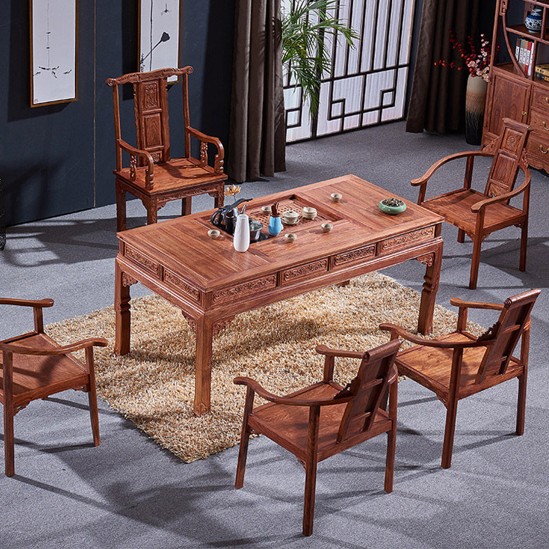 Tea table and chairs combined red wood furniture New Chinese imitation antique bubble tea table full solid wood flowers pear Muqutia tea table tea table table