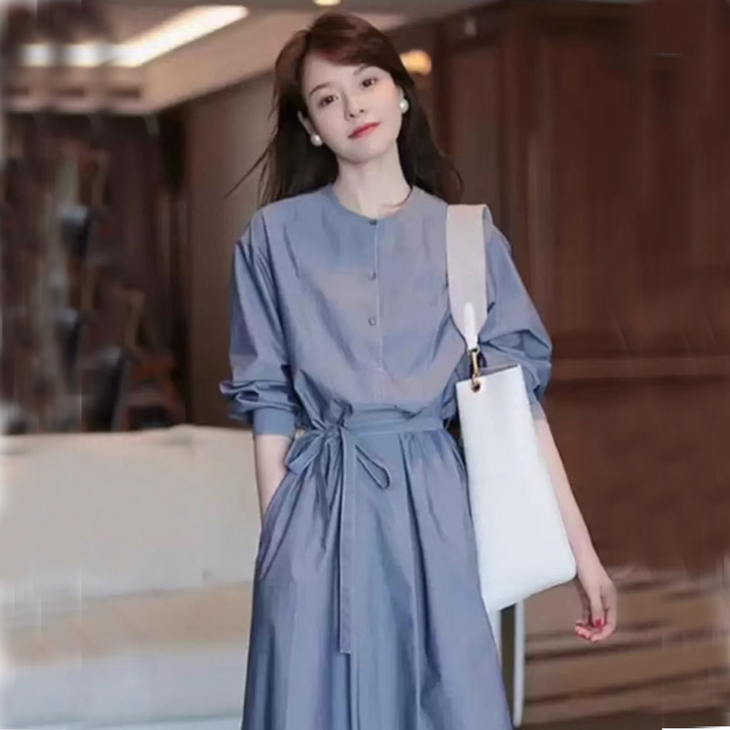 Plus Size Women's Dress 2026 Spring New Style Fat Girl Commuting Slimming Denim Blue Lace-Up Long-Sleeved Dress