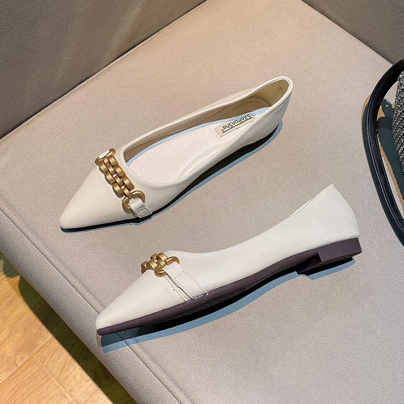 Uncle MJ small fragrant wind splicing single shoe woman new fashion metal buckle pointed shallow mouth 100 lap flat-bottom ladle shoes