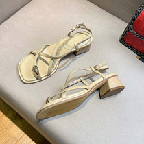 Uncle MJ square toe open toe sandals for women summer new set of toe cross strap fashion versatile thick mid heel Roman shoes