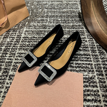 High-end sense⊙Rhinestone buckle pointed-toe high-heeled shoes for women new ladylike temperament fashionable and versatile shallow-mouthed stiletto shoes