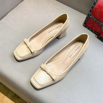 Uncle MJ bow square toe shoes for women new style retro temperament fashion versatile shallow mouth thick heel granny shoes