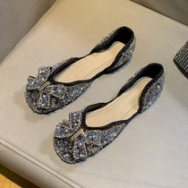 Square head shallow mouth Single female 2021 Summer new fashion 100 hitch-style water drill butterfly knot hollow flat bottom