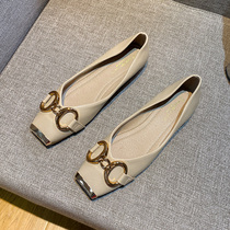Square head light mouth Single shoe woman 2021 Summer new fashion 100 lap small fragrant wind metal buckle Soft bottom flat bottom shoes