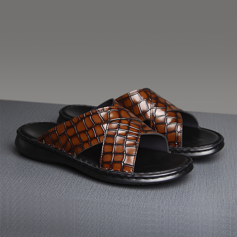 Hand-Painted Crocodile Pattern Leather Slippers for Men, Genuine Leather, Summer Outdoor Fashion Trend, Full Cowhide, High-End Men's Slippers