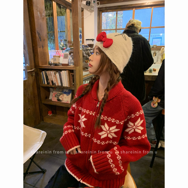 Shareinin High-Weight 30% Wool Christmas and New Year Festive Red Sweater Jacquard Zipper Jacket Shareinin High-Weight 30% Wool Christmas and New Year Festive Red Sweater Jacquard Zipper Jacket