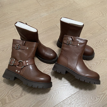 Clearance clearance, limited quantity, genuine leather motorcycle martin boots, brown thick heel fashionable women's boots for winter