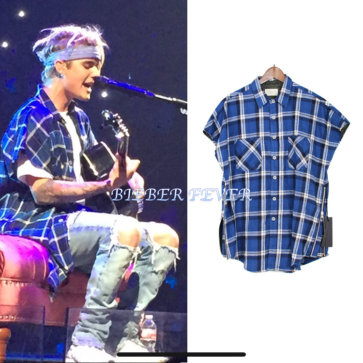 Justin Bieber's Same Style Justin Bieber High Street Concert Blue Plaid Tassel Plaid Shirt
