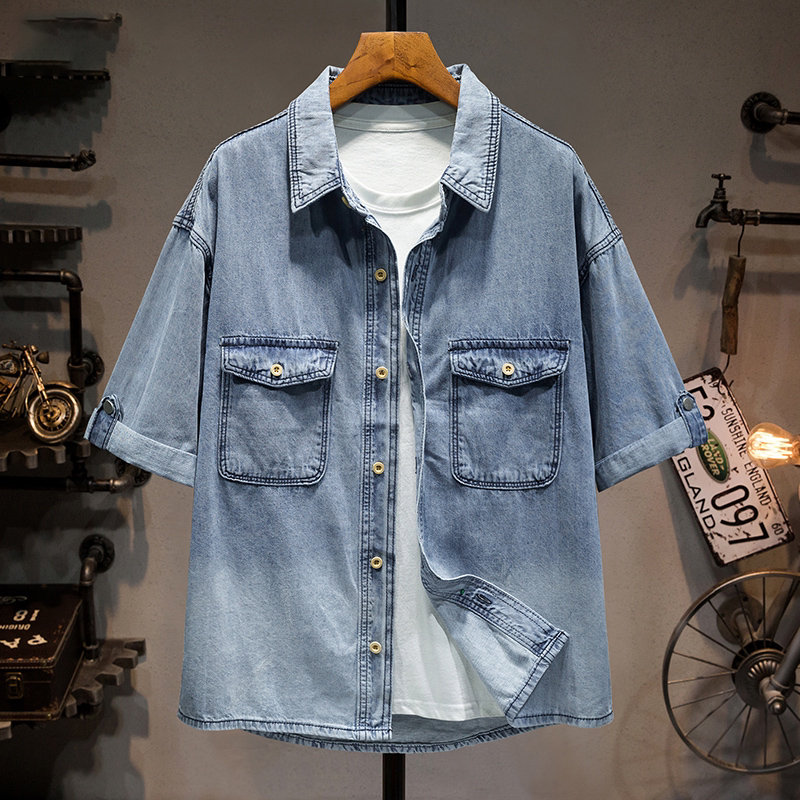 Gradient Retro Washed Trendy Denim Short-Sleeve Shirt for Men, Summer Loose Half-Sleeve Work Shirt