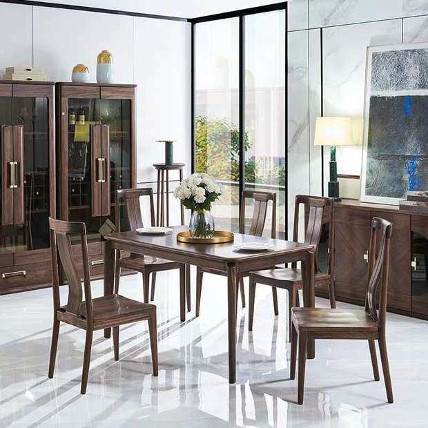 Bluebird home innate gold wood New Chinese full solid wood long dining table and chairs modern light lavish dining table 1 5 m table XYUE
