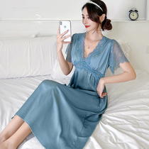 Ice Silk Sleeping Dress Lady 2022 Summer Thin style Spicy Sexy Lace Sleepwear Summer New Long style with chest cushion