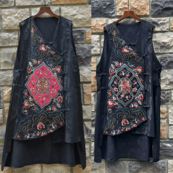 25 ພາກຮຽນ spring ຮ້ອນແບບ embroidery ຫນັກ ດອກໄມ້ວ່າງ ສະບັບພາສາຈີນໃຫມ່ sleeveless vest skirt ແຫ່ງຊາດແບບ retro dress vest