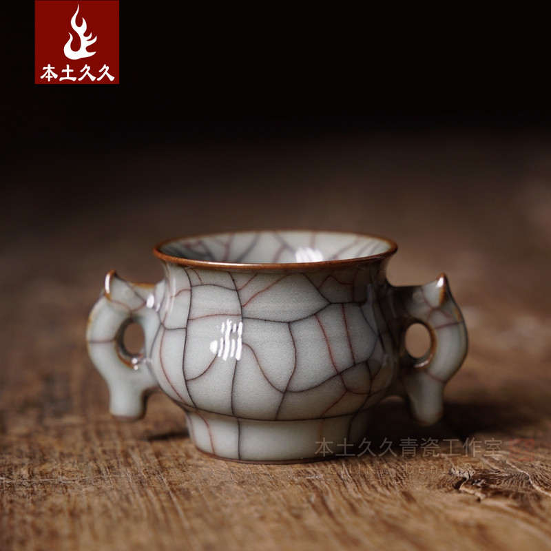 Jinyirui handmade double ear furnace Longquan Celadon Ge Kiln Tea Ceremony High-end line incense burner Buddha Hall supplies Small incense burner