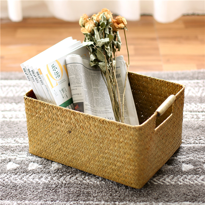 Retro seagrass woven rectangular storage box rattan bamboo woven straw kitchen bathroom woven basket wardrobe storage basket