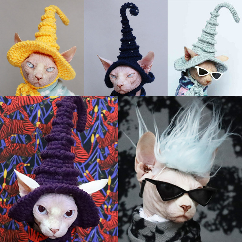 Hand-knit cute funny funny open ear hat headdress wig set styling hairless cat DAPAN pet photo