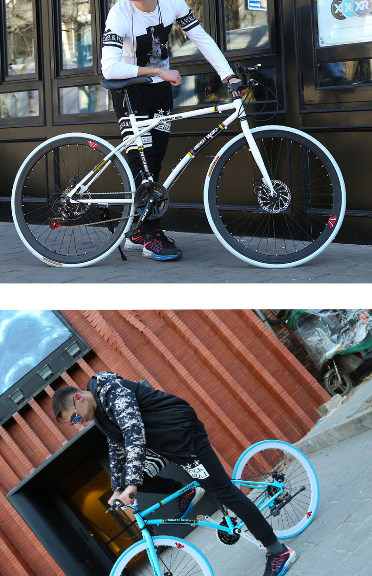 Велосипед с глухой передачей 死飞变速自行车实心胎活飞网红单车双碟刹公路赛成年学生成人男女 Xiao Yun