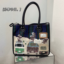 2021 new bungling and macro painted car graffiti tote bag small crowdsourced retro large capacity sails cloth bag single shoulder bag