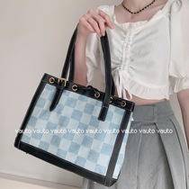 VAUTO Canvas Chessboard Gottbag Large Capacity Blue Plaid Bag Woman Commute Hand Small Crowdsourced Single Shoulder Bag