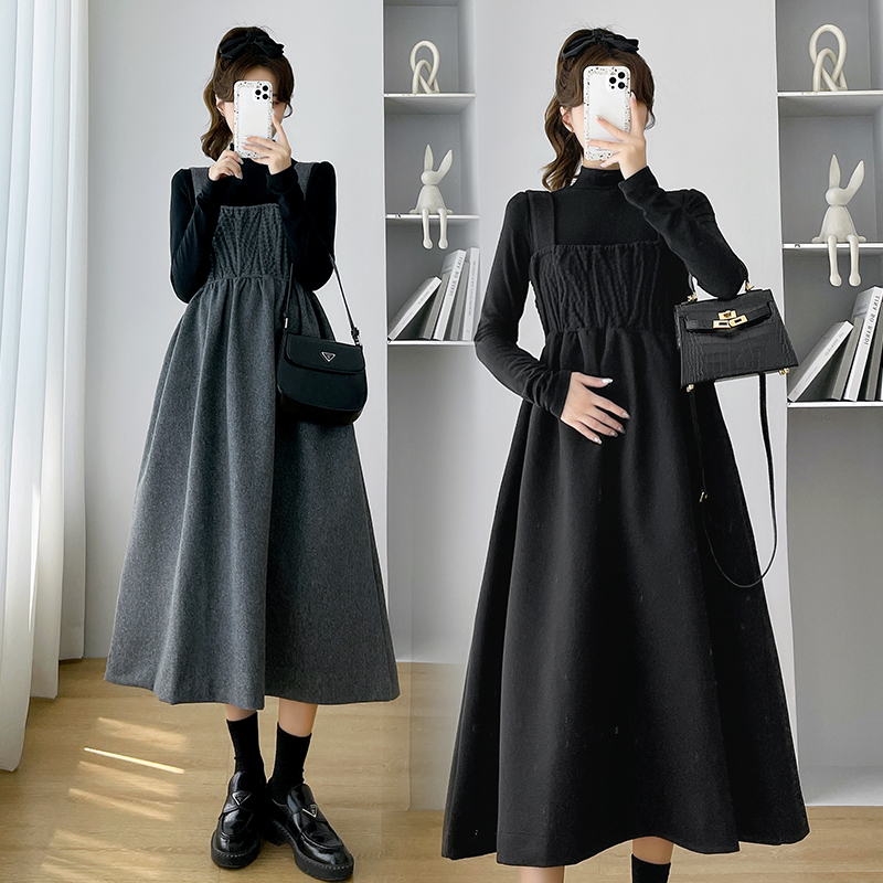 Pregnant Woman Autumn Winter Clothing 2023 New Suit Fashion Thickened Hair Skirt Two Sets Big Code One-piece Dress Blouses-Taobao