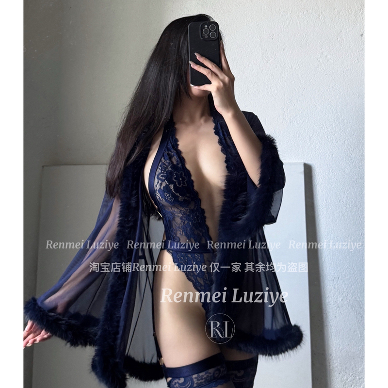 Renmeiluziye【Your Silhouette】High-End Sexy Halter Lace Bodysuit with Deep V-Neck and Backless Design in Thin Blue Fabric Renmeiluziye【Your Silhouette】High-End Sexy Halter Lace Bodysuit with Deep V-Neck and Backless Design in Thin Blue Fabric