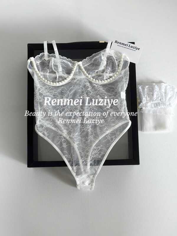 Renmeiluziye【Monica】Sexy Lace Thin Comfortable Pearl Lace See-Through Bodysuit French Style