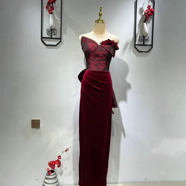 Toast clothing bride 2022 winter retro high-quality wine red rose velvet mermaid wedding evening dress skirt female