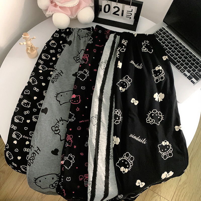 Black Hello Kitty Pure Cotton Pajama Pants for Women, Spring and Autumn Long Pants, Loose Fit, Student Girl Style, Double Pocket, Suitable for Wearing Outside, Walking Pants