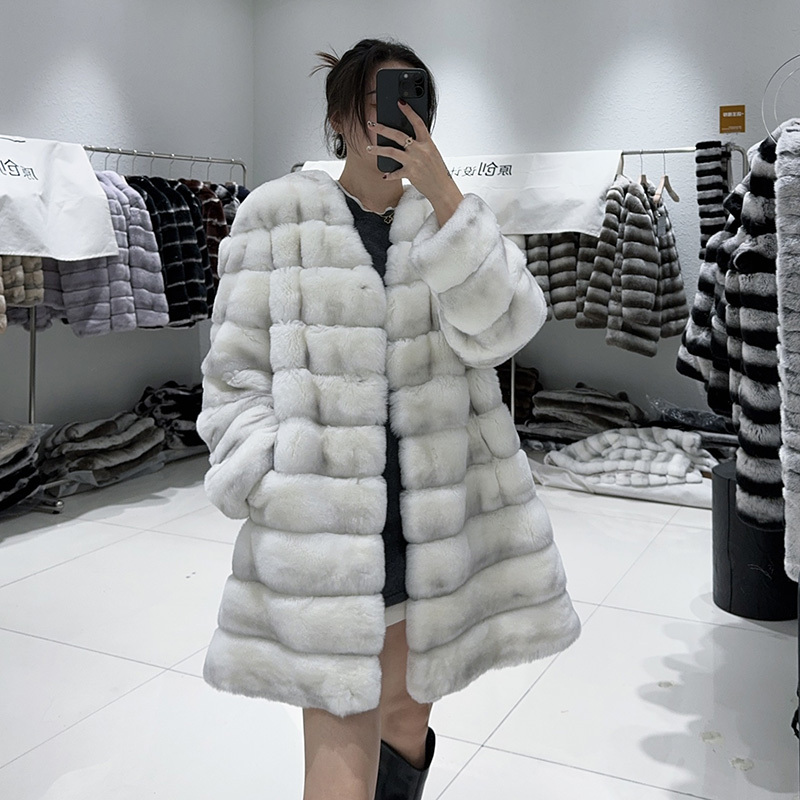 Blue and Purple Chinchilla Pattern Rex Rabbit Fur Light Luxury Fur Coat for Women, Mid-Length Autumn and Winter Young Style Fur Coat