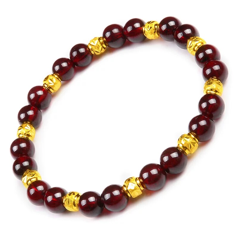 Natural Garnet Small Gold Beads Women's Bracelet Gold-Colored Fortune Beads Single-Circle Red Agate Bracelet Birthday Gift
