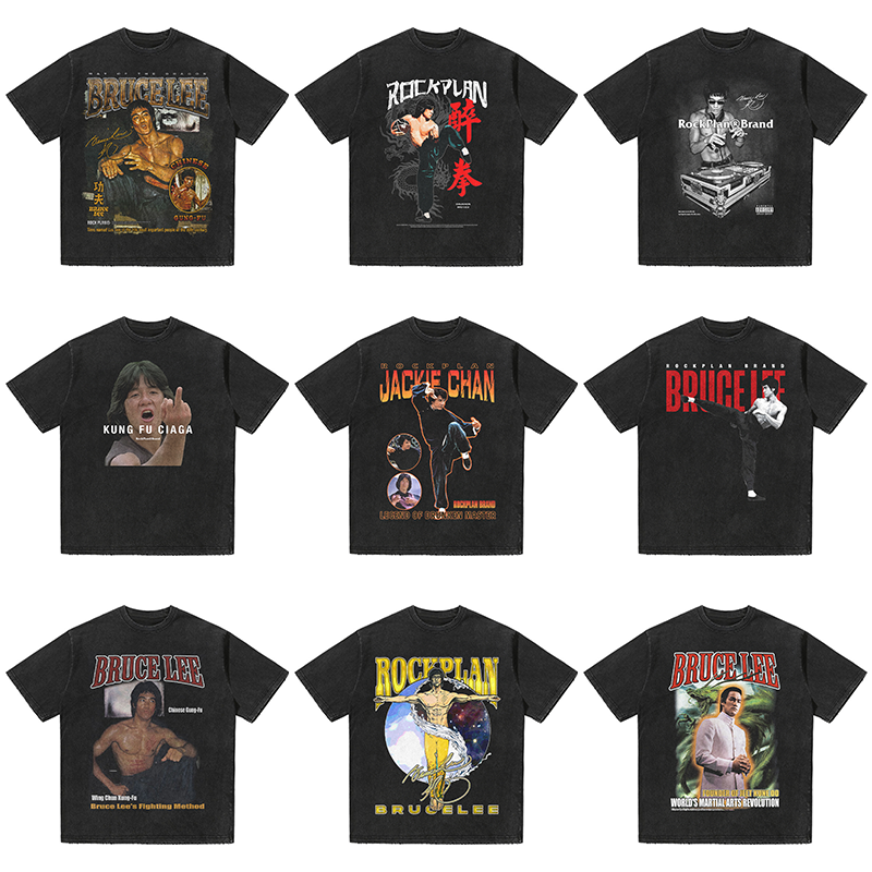 【ブルース・リーとジャッキー・チェンコレクション】HKGNトレンドレトロブラック半袖Tシャツヘビーコットンルーズアメリカンメンズ