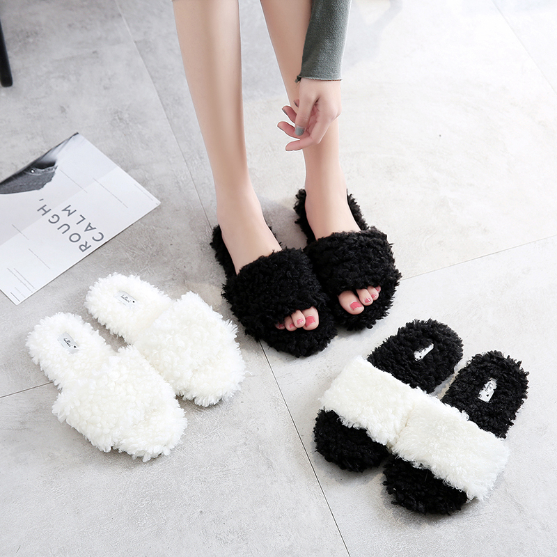 Spring and Summer New Product, Large Fluffy Looped Fur Versatile Three-Color Slippers for Women, Non-Slip, Wear-Resistant, Can Be Worn Outside, Home Slippers