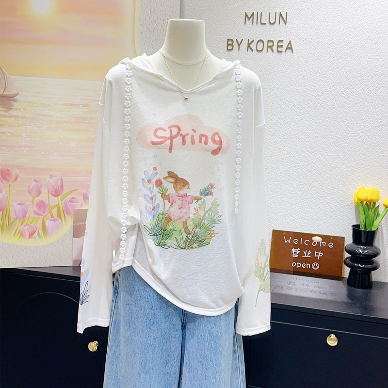 Drapey and Lightweight Top with 65% Tencel~ Korean Order, Romantic Japanese Style, Mori Girl Hooded Long-Sleeve Sun Protection Shirt, Plus Size