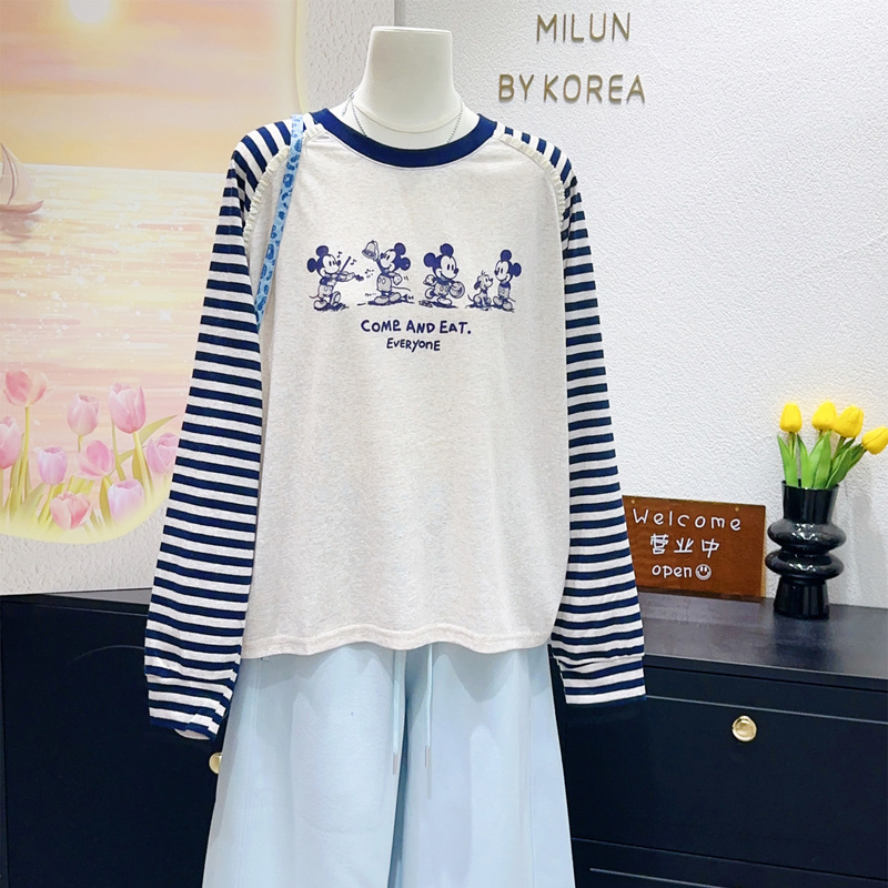 Korean Dongdaemun Mickey Top ~ Early Autumn New Age-Reducing Mickey Lace Striped Sleeve T-Shirt Cotton Linen Long Sleeve Plus Size Korean Dongdaemun Mickey Top ~ Early Autumn New Age-Reducing Mickey Lace Striped Sleeve T-Shirt Cotton Linen Long Sleeve Plus Size
