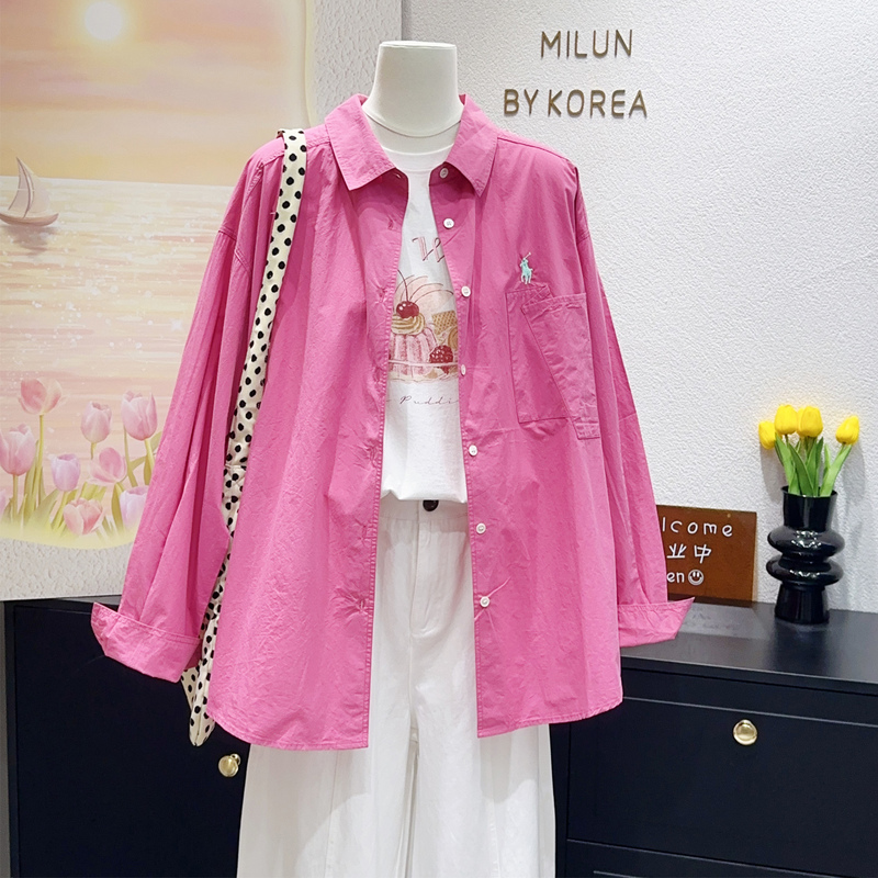 This Rose Pink Color Is so Perfect. Korean Style 2026 Spring/Summer Small Horse Embroidery Pure Cotton Shirt, Loose Sun Protection Top
