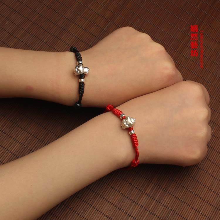S999 sterling bạc 3D cộng với bạc cứng cung hoàng đạo lợn đỏ dây đeo vòng chân đôi chân đỏ dây thừng tay dây nam và nữ năm lắc chân nữ