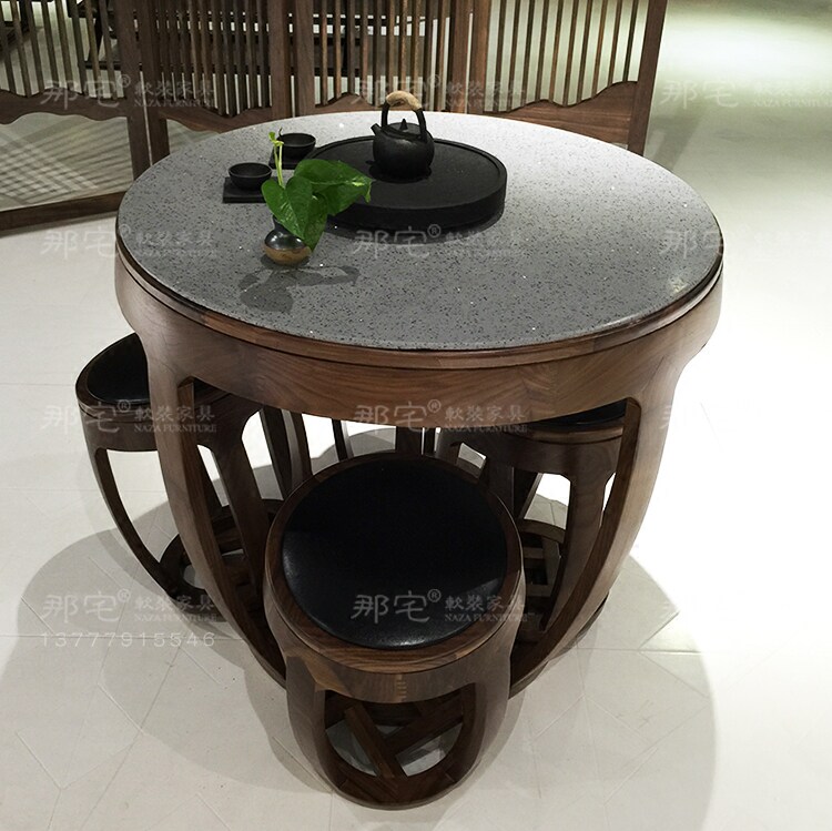New Chinese style modern Chinese furniture solid wood tea table and chairs Combined marble dining table and chairs Zen Villa Clubhouse Tea Table