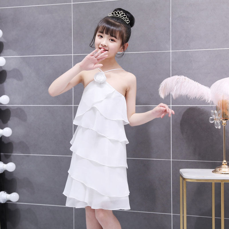 Girls catwalk dress host small skirt Western style piano performance girl birthday princess skirt white chiffon skirt