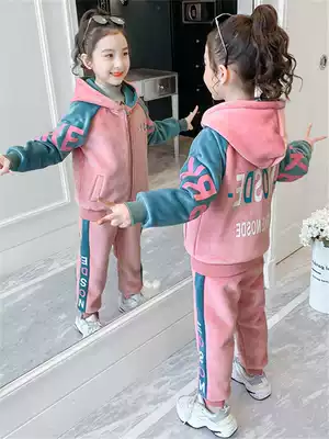Hong Kong winter girls foreign style golden velvet set 2021 New Korean version of fashionable plus velvet two-piece medium child