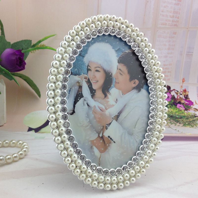 1018 European-Style Beige Pearl Photo Frame Oval Shape Can Be Hung on the Wall Creative Tabletop Photo Studio Frame Resin