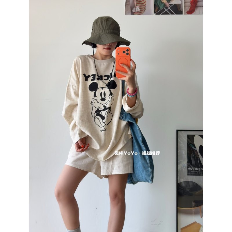 Recommended by Cat Sister|Loose-Fitting Mickey Cartoon Print Thin Breathable Linen Sun-Protective Long-Sleeve T-Shirt + Wide-Leg Shorts Set Recommended by Cat Sister|Loose-Fitting Mickey Cartoon Print Thin Breathable Linen Sun-Protective Long-Sleeve T-Shirt + Wide-Leg Shorts Set
