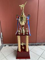 High-end Trophy Championship trophy Taekwondo high-grade four-pillar trophy custom metal Award wooden base excellent Cup