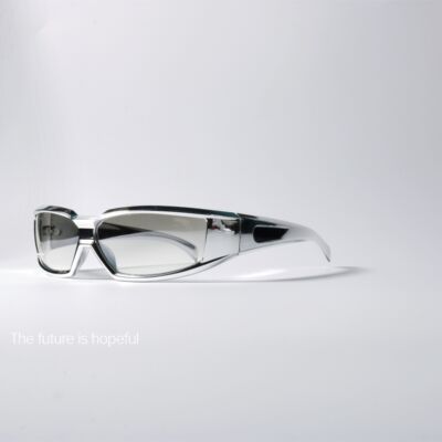Futuristic sci-fi bright silver sunglasses UV400 with UV-blocking surround design, cyberpunk trendy glasses