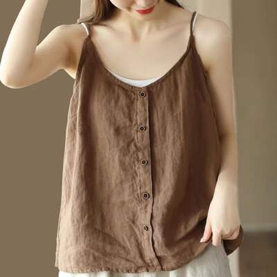 Cotton and linen halter top 2024 Summer new style, artistic and retro top, button decoration, thin and loose inner layer, women's base layer
