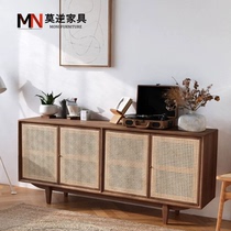 Nordic solid wood sideboard rattan entrance cabinet retro storage cabinet hall cabinet simple modern storage cabinet tea