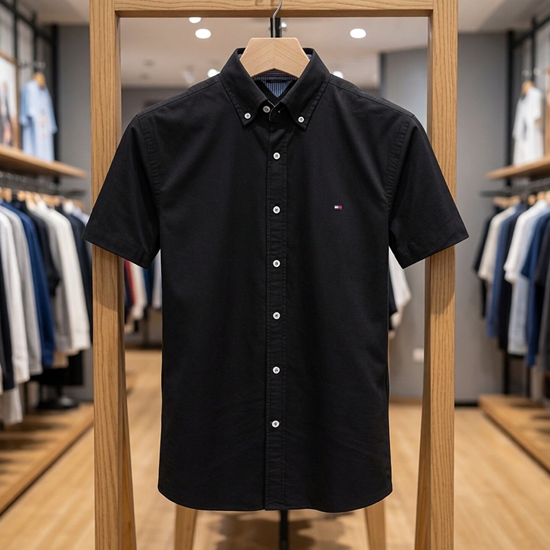 2026 North America Tommy Men's Short-Sleeved Shirt High-End Oxford Fabric Solid Color Non-Iron Polo Large Size Shirt