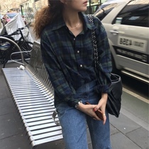 韩系 sienn*同款  复古绿宽松格子衬衫