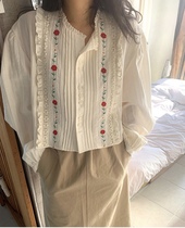 现货 韩系  begin*ing 同款 蕾丝刺绣花纹系扣衬衫