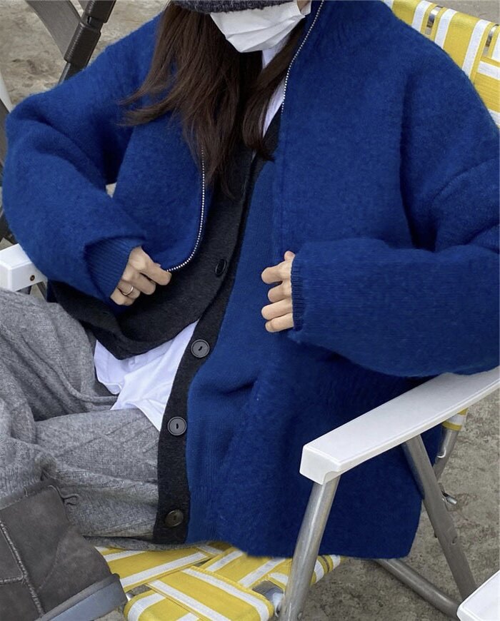 (Non-refundable) Spot Korean niche style royal blue wool small stand-up collar knitted jacket sweater coat