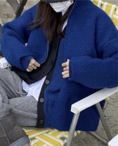 (不退不换)现货 韩系小众款 宝蓝色羊毛小立领针织夹克毛衣外套